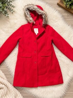 Cat & Jack Red Hooded Pea Coat with Faux-Fur Trim